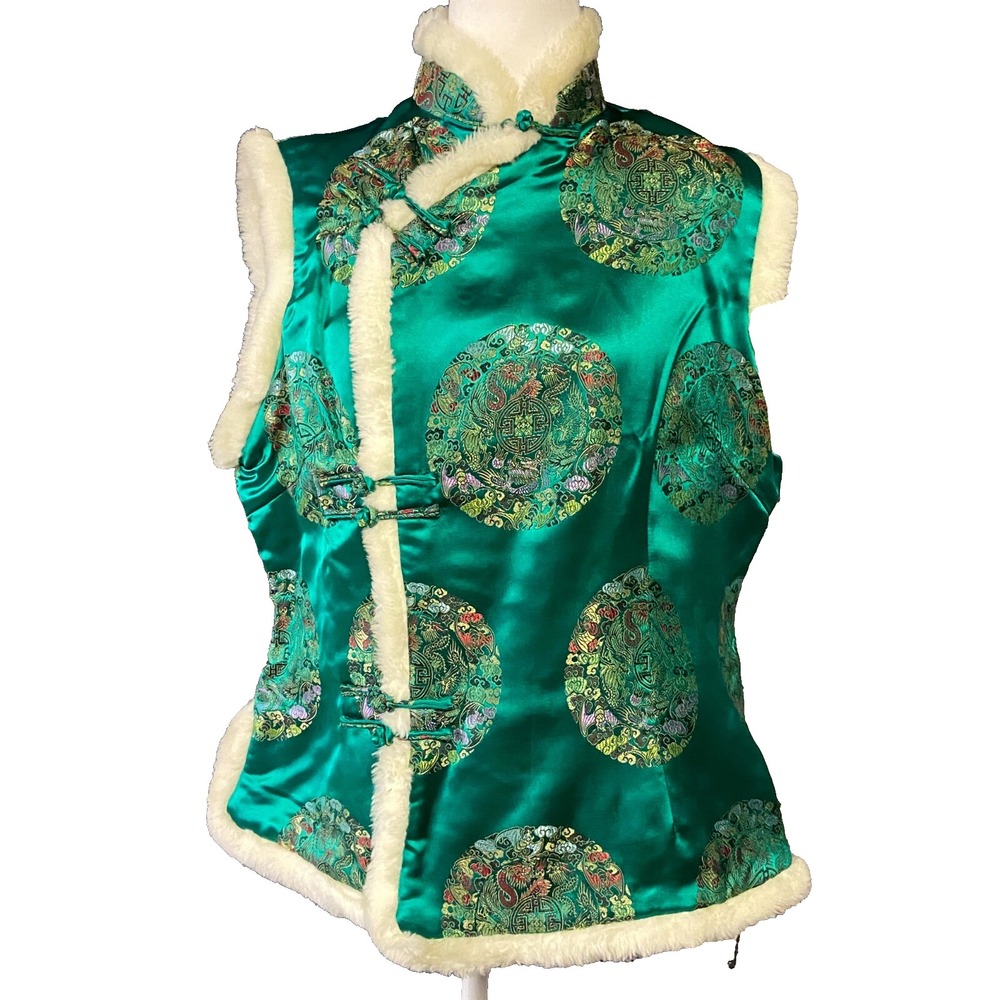 Chinatown Bazaar Vest Womens Large Green Satin Embroidered Faux Fur Toggle